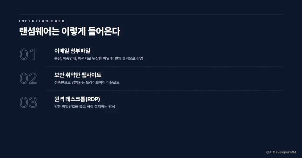 랜섬웨어 감염 경로 3가지를 정리한 과정 안내 카드