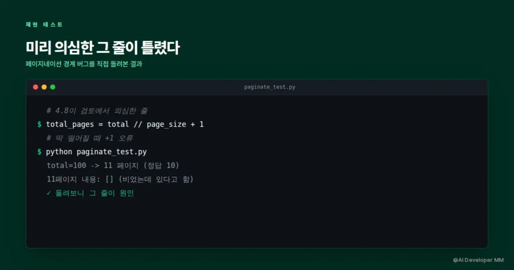 페이지네이션 경계 버그를 4.8이 미리 알려주고 실제로 틀린 결과가 나온 터미널 카드