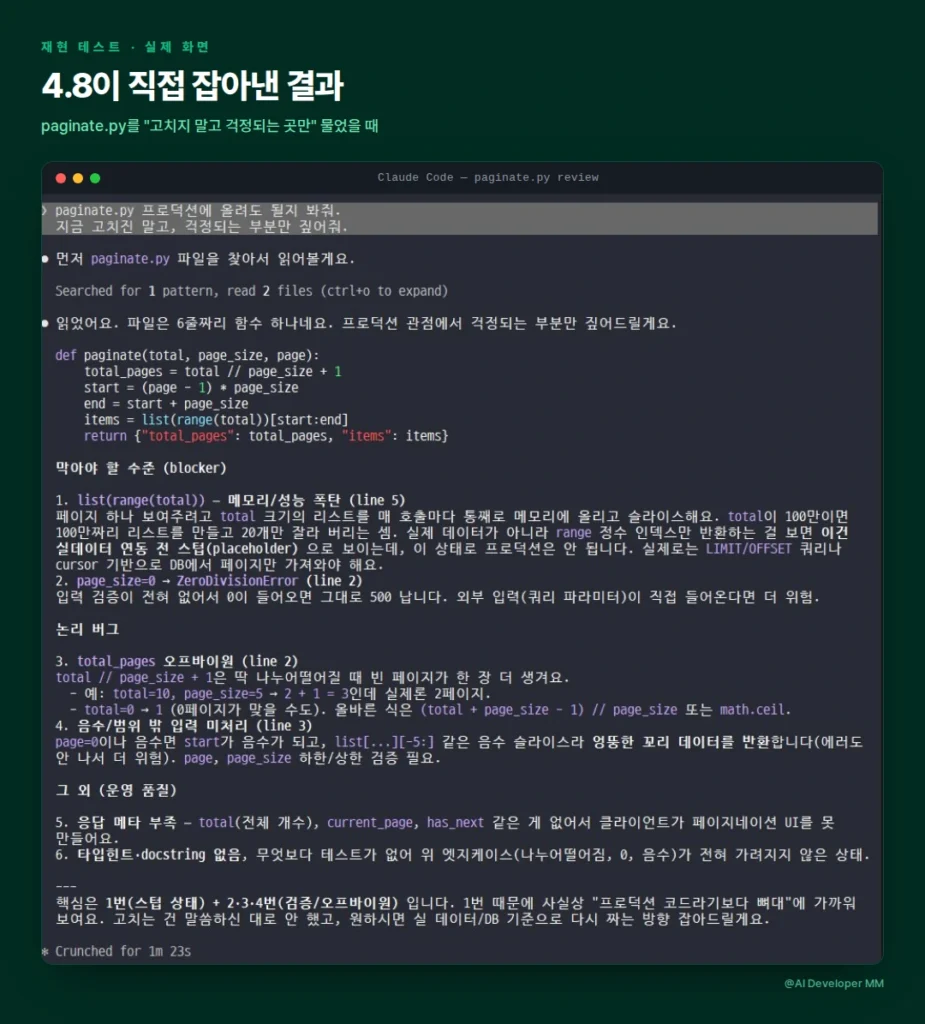 오푸스 4.8이 페이지네이션 코드에서 오프바이원 등 여섯 가지 문제를 잡아낸 클로드 코드 실제 화면