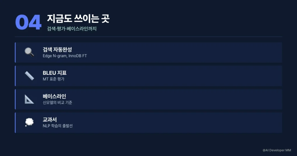 LLM 시대에도 N-gram 이 쓰이는 검색 자동완성·BLEU·베이스라인 사례 카드