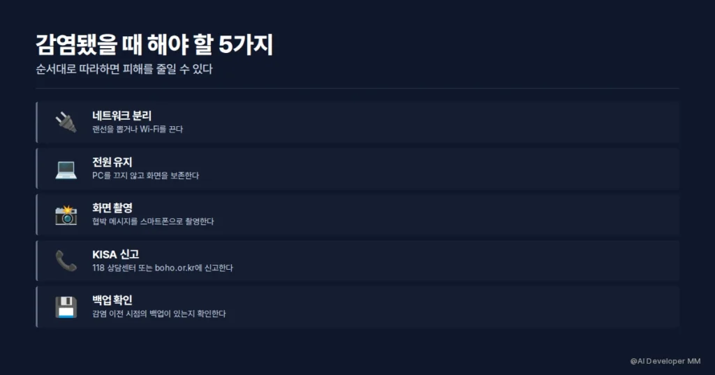 랜섬웨어 감염 후 대처 순서 5단계를 정리한 실전 안내 카드