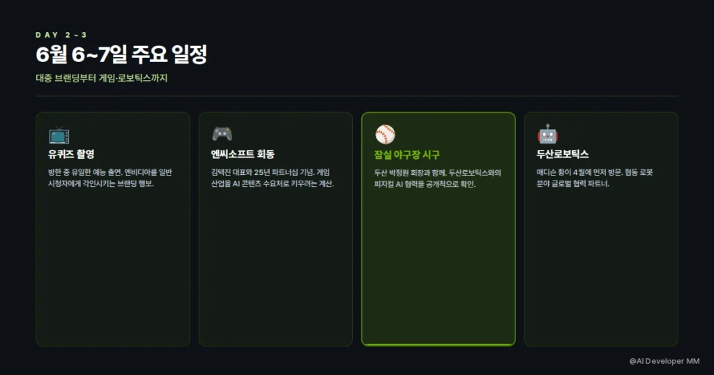 6월 6~7일 유퀴즈 촬영, 엔씨소프트 회동, 잠실 야구장 시구 일정